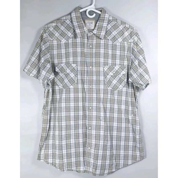Urban Pipeline Mens XXL White Tan Plaid Short Sleeve Cotton Western‎ Shirt Snaps - Picture 1 of 6